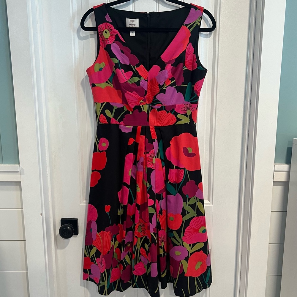 Suzi Chin for Maggie Boutique Bold Black and Pink Floral Pleated Dress. Size 6.‎